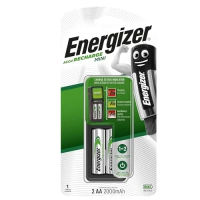 Imagen de Energizer Cargador MINI con capacidad de 2 pilas AA, 2000 mAh, indicador la carga pila, auto desconexión evitando sobrecarga