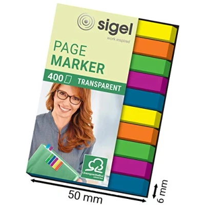 Imagen de SIGEL HN617 Marcapáginas adhesivos, cinta de filme transparente, funda 400 tiras 50 x 6 mm, 5 colores