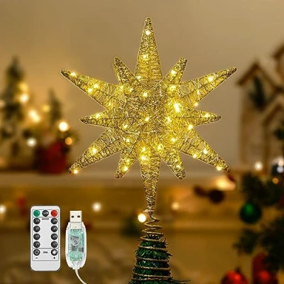 Imagen de Lewondr Estrella para Copa del Árbol, 28CM Adorno Árbol de Navidad con 8 Modos Luces por USB Mando a Distancia &amp; Temporizador, Gran Topper Decoración Navideña Hogar, Oro Champán