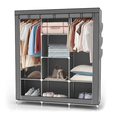 Imagen de INTIRILIFE Armario Tela Plegable 130x175x45 cm in Gris Ceniza Guardar Ropa Organizador de Textil Portátil con Cremallera y Barra per Colgar Closet Estanteria Exterior