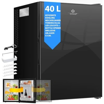 Imagen de KESSER® Mini Frigorífico con Puerta de Cristal, Minibar 40 litros, 22dB, Cambio del Sentido Apertura la Puerta, 6 12C Altura 57cm, Iluminación [Clase eficiencia energética F] Negro