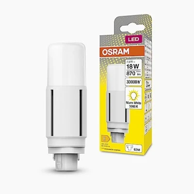 Imagen de OSRAM DULUX LED D18 VT EM, G24D, 7,5 W, 870 lm, 3000 K, luz blanco cálido, para aplicaciones verticales gracias a un ángulo de haz 300 grados, vida útil larga, sin tiempo calentamiento