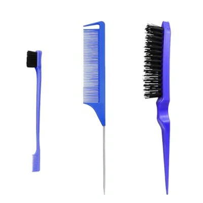 Imagen de Set de 3 Cepillos Peinar, Cepillo Burlas, y Peine Doble Borde, Cola con Punta, Cerdas, Profesional Antiestático, para el Hogar, Peluqueros(Azul)