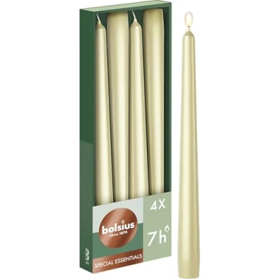Imagen de Bolsius Velas de punta lisa Metalizadas 4 unidades en caja cartón 24,5 cm decorativas para el hogar Tiempo combustión 7 horas Sin perfume aceite palma