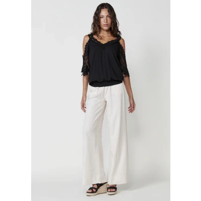 Imagen de Blusa de manga corta abullonada en crepe con escote pico blonda y mangas cintura fruncida volante bajo color Negro para Mujer