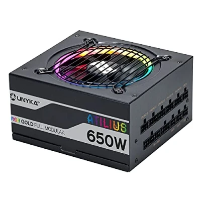 Imagen de UNYKAch Fuente de Alimentación ATX ATILIUS 650W Black Full Modular con Iluminación RGB, Eficiencia del 90%, Ventilador 120 mm Ultrasilencioso y Protección contra Sobrecorriente