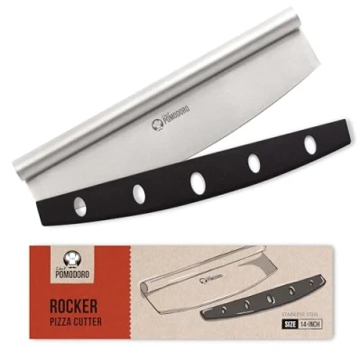 Imagen de Chef Pomodoro Cuchillo Cortapizzas con Funda Protectora Cortador Pizza Mezzaluna Multiusos de 35 cm Cuchilla Súper Afilada Acero Inoxidable Media Luna Apto para Lavavajillas