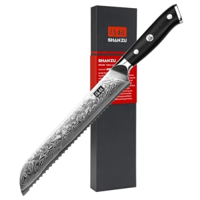 Imagen de SHAN ZU Cuchillo Panero Damasco con Hoja Dentada, de Pan Japones Acero 10Cr15MOV 67 Capas, Cocina Profesional para Pan, Mango G10 PRO Series
