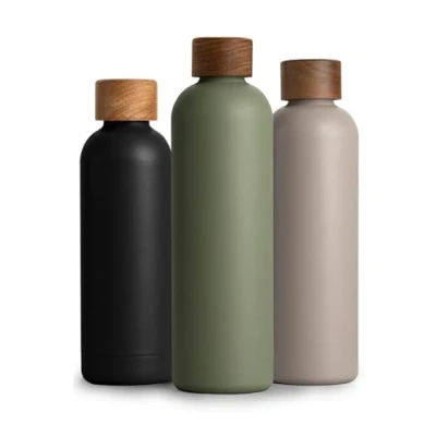Imagen de T&amp;N botella térmica de acero inoxidable 1 litro, con tapa madera acacia, agua aislada, a prueba fugas en ácido carbónico, termo 1000 ml, color verde oliva