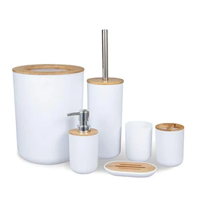 Imagen de MisFox Juego de 6 Piezas Accesorios Baño Bambú con Dispensador Jabón, Cubo Basura, Vaso para cepillo dientes, Soporte Jabonera y Escobilla inodoro Blanco