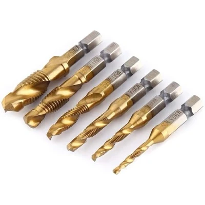 Imagen de Brocas de Broca Dril 6pcs Rosca Métrica M3 M10 HSS y Macho con Recubrimiento Titanio 1/4&quot; Hexagonal