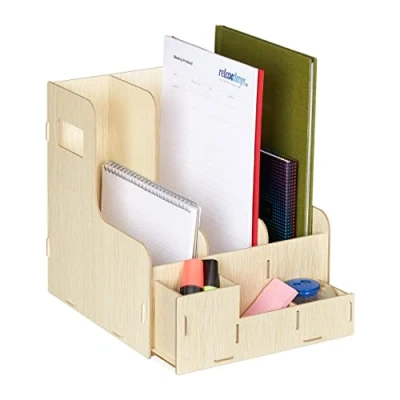 Imagen de Relaxdays pie Caja para Utensilios Archivador, 3 Compartimentos, Formato A4, Revistero, Organizador Material Escritorio, Oficina, Marrón Claro, Tablero de Fibras, Schuber