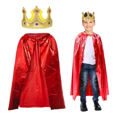 Imagen de EUPSIIU 2 Piezas Abrigo de Rey Deluxe Disfraz Reina Larga Capa Traje Medieval con Roja y Disfraz, Halloween en Carnaval Infantil cumpleaños (Rojo)