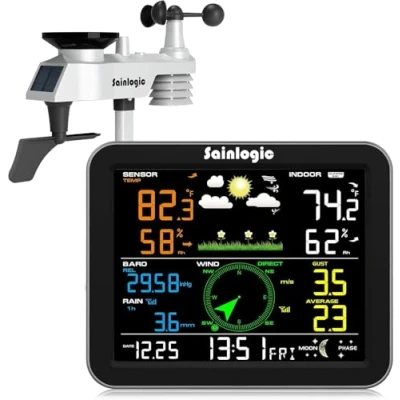 Imagen de Sainlogic Weather Station Wireless Indoor Outdoor, with Rain Gauge and Wind Speed/Direction, Temperature, Humidity, Air Pressure, Forecast, Moon Phase, Alarm