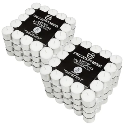Imagen de DECO EXPRESS Velas de Te sin Perfume, Pack 24, 50, 100, 200 Unidades, Larga Duracion 10, 8 o 4 Horas, Velitas Pequeñas Diámetro 3,5 cm (Blanco 200/4 Horas)