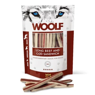Imagen de Woolf Snacks de Ternera y Bacalao para Perro 100g. Premios, chuches Naturales en Tiras Sandwich