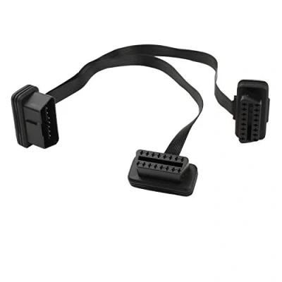 Imagen de Futheda cable divisor de fideos ultra bajo OBD II perfil bajo, 1 macho a 2 hembras OBD2 para diagnóstico coche, adaptador extensión 16 pines, plano 30 cm