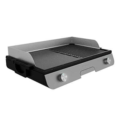 Imagen de Cecotec Barbacoa Eléctrica de Sobremesa PerfectRoast 3000 Inox. W, Superficie cocinado Mixta, Revestimiento Antiadherente Rockstone, Termostato regulable, Bandeja recogegrasas