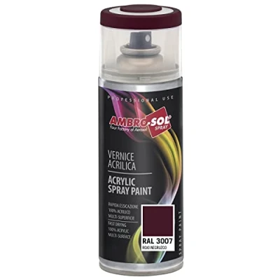 Imagen de AMBRO SOL Pintura acrílica en spray, color Rojo Negruzco, RAL 3007, resultado profesional múltiples superficies, exteriores e interiores, 400 ml