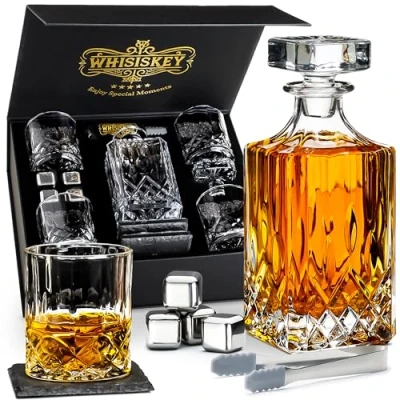 Imagen de WHISISKEY Decantador de Whisky Jarra 700ml Set Regalo Regalos Originales para Hombres 4 Vasos Whiskey x 310ML, Piedras Whisky, Accesorios