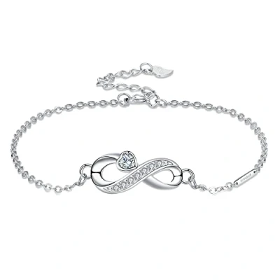 Imagen de Arrebol Pulsera Infinito para Mujer Plata de Ley 925 con Blanco Corazón Circonita Cúbica Símbolo Infinito, Ajustable (16 + 4cm) Regalo Mujeres