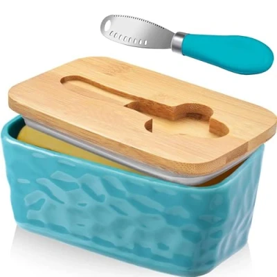 Imagen de CCHONG Mantequillera de Porcelana con Cuchillo y Tapa Madera Mantequera Cerámica Recipiente para Mantequilla Hermética Todo Tipo (Azul Claro)