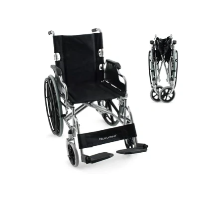 Imagen de QUIRUMED Silla de Ruedas acero cromado PRO, Plegable, macizas, Respaldo abatible, Reposabrazos abatibles, Reposapiés desmontables, Frenos mano