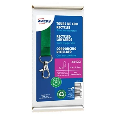 Imagen de AVERY Caja de 10 cintas recicladas verdes con mosquetón. 44 cm largo x 1,5 ancho. (4842G)