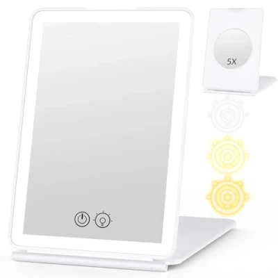 Imagen de WEILY Espejo Maquillaje con Luz, 5X Aumento, 3 Regulable Colores Pantalla Táctil Led, Tocador USB Recargable para Viajes (Blanco)