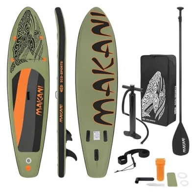 Imagen de ECD Germany Tabla Hinchable de Paddle Surf Sup Makani 320 x 80 15 cm PVC con Bomba Aire, Bolsa Transporte y Accesorios, Placa Stand Up para Adulto Niño Carga hasta 120 kg, Color Oliva