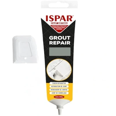 Imagen de ISPAR Masilla para juntas de azulejos con espátula, color gris, 250 g, reparación en el baño y la cocina, inodora práctica