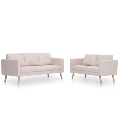 Imagen de vidaXL Conjunto Sofá 2 y 3 Plazas Piezas Tapizado Tela Estructura Patas Madera Diseño Moderno Cojín Asiento Respaldo Set Sillones Salón Sala Crema