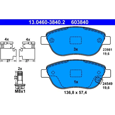 Imagen de ATE 13.0460 3840.2 Juego de pastillas freno con avisador acústico desgaste tornillos pinza accesorios OPEL: Corsa D Hatchback