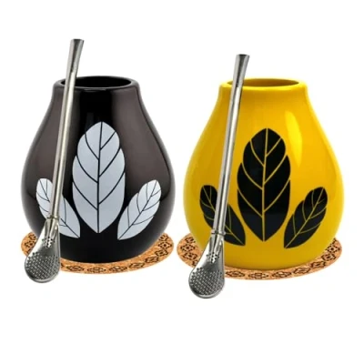 Imagen de Juego de vasos té mate para dos ● taza cerámica hoja amarilla y negra, 350 ml Pajita acero inoxidable Bombilla kokrpad Lámpara paja
