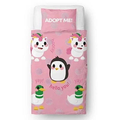 Imagen de Character World Juego de Funda edredón Oficial Adopt Me para Cama Individual, diseño pingüino, Unicornio y Pato, Reversible, 2 Caras, Incluye Almohada a Juego,