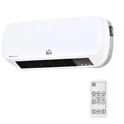 Imagen de HOMCOM Calefactor Baño de Pared 1000W/2000W Eléctrico Bajo Consumo con Mando a Distancia 3 Modos Viento Temporizador 12H Termostato y Sistema Antivuelco para 25 m² Blanco