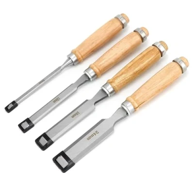 Imagen de QWORK® 4 Piezas Cinceles para Madera 6, 12, 19, 24 mm, de Acero al Carbono Endurecido con Mango Ergonómico y Tapa Impacto