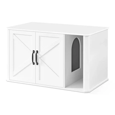 Imagen de Feandrea Mueble Arenero, Moderno Arenero Oculto, con Entrada Frontal, Puertas Dobles, Asas, Casa para Gatos, Mesa Auxiliar, 85 x 48.5 50 cm, Blanco Nube PCL012W01
