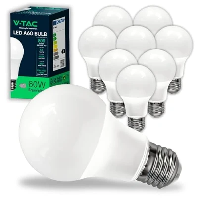 Imagen de V TAC 10x Bombillas LED E27, Edison A60, 8,5W (Equivalente a 60W) 806 Lumen 4000K Blanco Neutro Apertura del Haz de Luz 200 Máxima Eficiencia y Bajo Consumo,