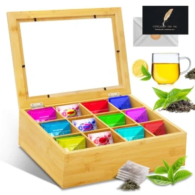 Imagen de UCAMP Caja te,Caja de té madera,Caja para y Hierbas,Caja bambú decorativa bolsas té,12 Compartimentos,Cajita con Ventana 23*28*9cm Cajas Guardar té,Bolsas Infusione
