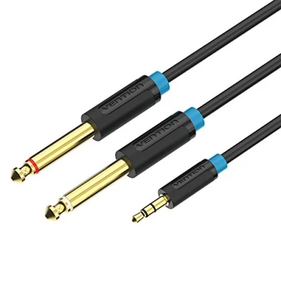 Imagen de Cable Audio Jack 3.5mm a Doble 6.35mm, Vention Auxiliar Estéreo 3.5 6.35 Mono Macho Digital de Interfaz para Mixer, Recorder, Guitarra Eléctrica, Amplificador (3M)