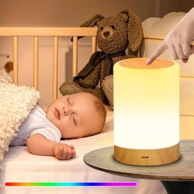 Imagen de Lampara de Mesita Noche Tactil Regulable, 256 RGB Colores, USB Recargable, Temporizador, Luz Nocturna para Bebe y Niños, Regalo Ideal Dormitorio