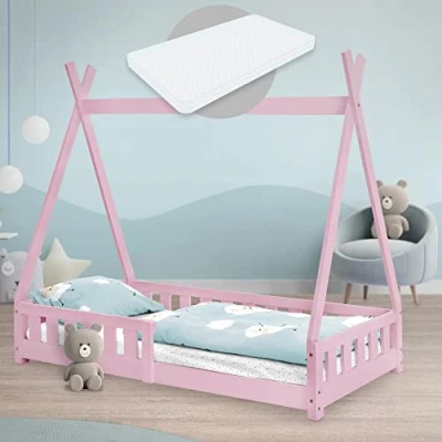 Imagen de ML Design Cama Infantil Tipi Rosa con Colchón De Espuma Fría 80x160 cm Protección Anticaída Somier Estructura Listones Madera Maciza Pino para Niñas Y Niños Forma Tienda Cuna Juvenil