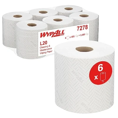Imagen de paños de papel para mantenimiento y limpieza WypAll L20 7278 rollos con dispensación central 2 capas 6 x 400 blancos 2400 en total