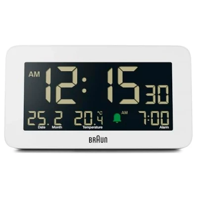 Imagen de Braun Reloj Despertador Digital visualización de Fecha, Mes y Temperatura, Pantalla LCD Negativa, Ajuste rápido, Alarma en Crescendo, Blanco, Modelo BC10W.