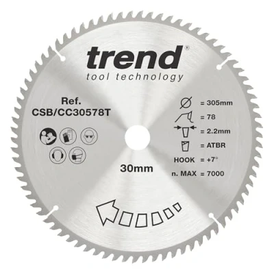 Imagen de Trend Hoja de sierra ingletadora ATBR inalámbrica madera, 305 mm diámetro, 30 78 dientes, TCT, corte 2,44 mm, gancho +7, CSB/CC30578T