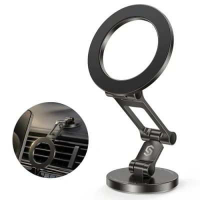 Imagen de SYNCWIRE Soporte Coche Compatible MagSafe, Magnético Plegable, Rotación de 360, Movil Magsafe Coche, Cuerpo Metálico Completo iPhone 16 Pro MAX 15 14 13 y Todos los Teléfonos