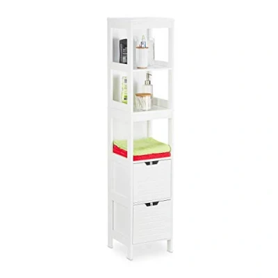 Imagen de Relaxdays Estantería Baño, Diseño Rústico, 144 x 30 cm, 2 Cajones, 3, Vertical, Estante Toallas, Blanco, Tablero de Fibras