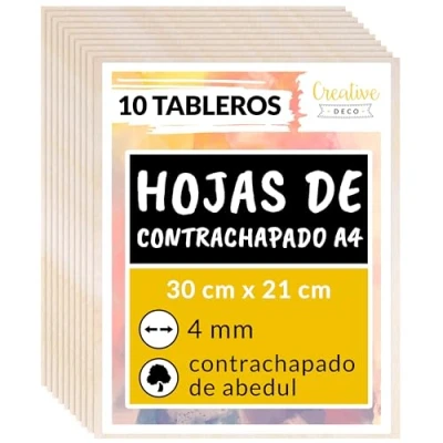 Imagen de Creative DECO 10 x A4 Tablero Madera Manualidades Contrachapado 300 210 4 mm (+/ 0.5mm) Chapa Maciza Abedul Maderas para Bricolaje Pirograbado, Corte por Laser, CNC Router, Modelado