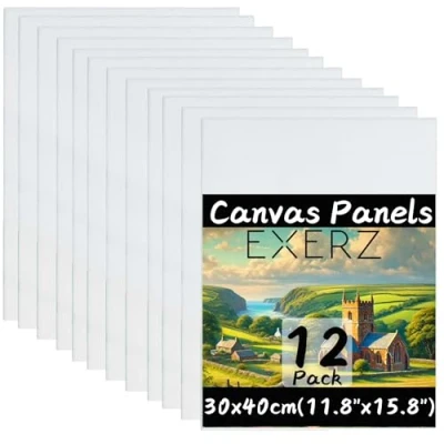 Imagen de Exerz 30x40cm Paneles de Lienzos 12 piezas A3, 100% Algodón, 280 GSM, Triple Preparado, Libre Ácido, Hebra Media Ideal para Pintura Acrílica y Óleo